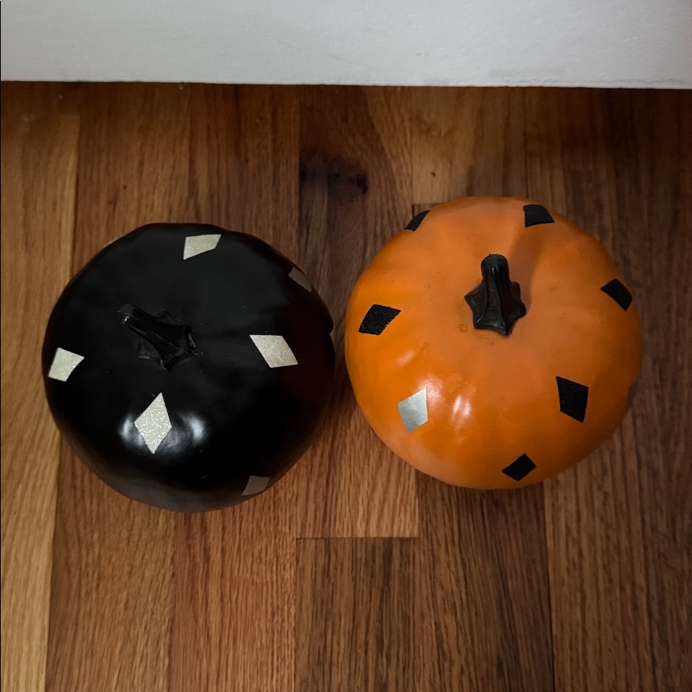 Decorative Black and Orange Diamond Pattern Pumpkins Set of 2 - Picture 3 of 5